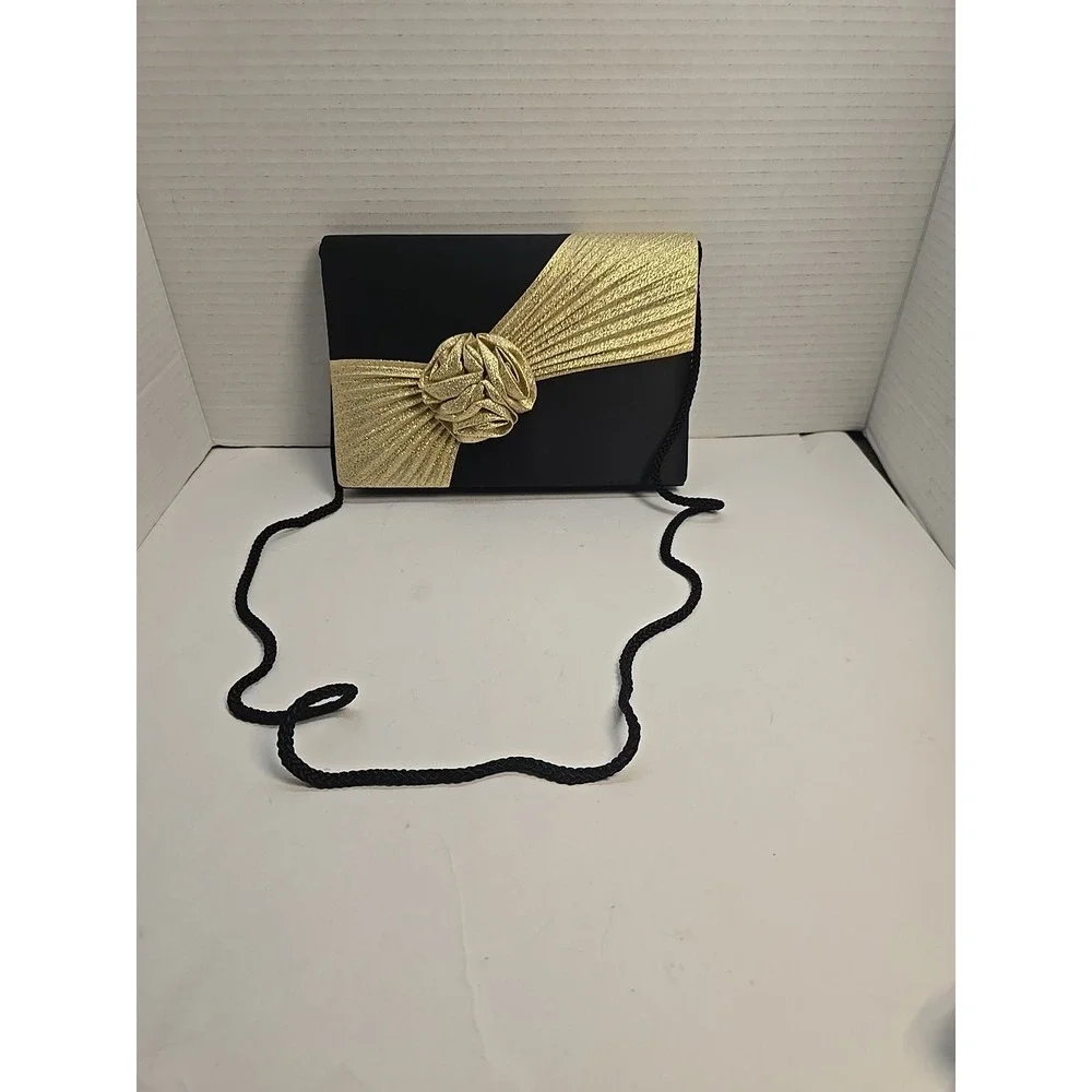 Vintage Black‎ Satin Evening Clutch Gold Rosette Pleated Formal Shoulder Bag